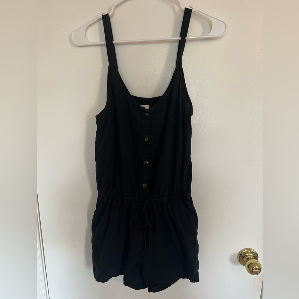 Black Linen Romper with Buttons and Pockets